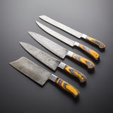 Damascus Kitchen Knife Set of 5 with Multi Wood Handles – 240+ Layer Steel Blades & Storage Pouch