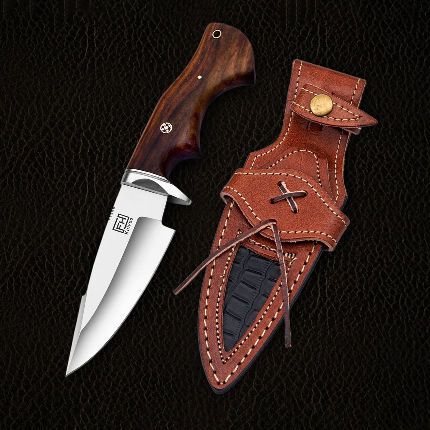 Premium Walnut Wood Hunting Knife  10 Fixed Blade Drop Point with Leather Sheath  Razor Sharp Stainless Steel Survival Knife