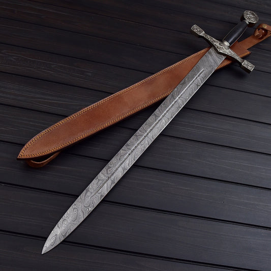 Damascus Steel Double Edged Sword  38.5 Battle Ready Medieval Replica w/ Leather Sheath  Collector’s Must Have