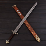 Handcrafted Damascus Steel Double Edge Sword 38  Rosewood Handle Engraved Zinc Guard 1095/15N20 High Carbon Steel