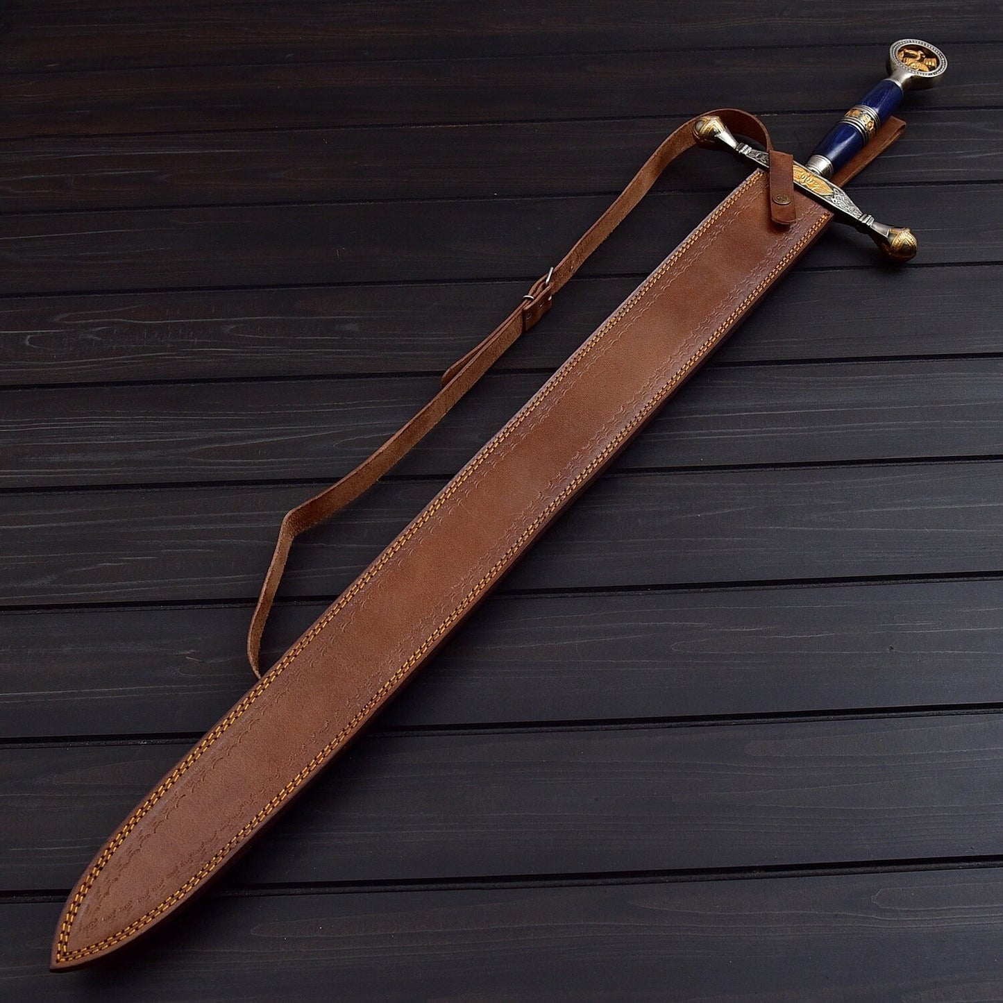 Handmade Damascus Steel Saint George Decorative Sword with Leather Sheath  40.5 Collectible Display Piece