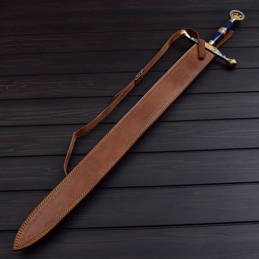 Handmade Damascus Steel Saint George Decorative Sword with Leather Sheath  40.5 Collectible Display Piece