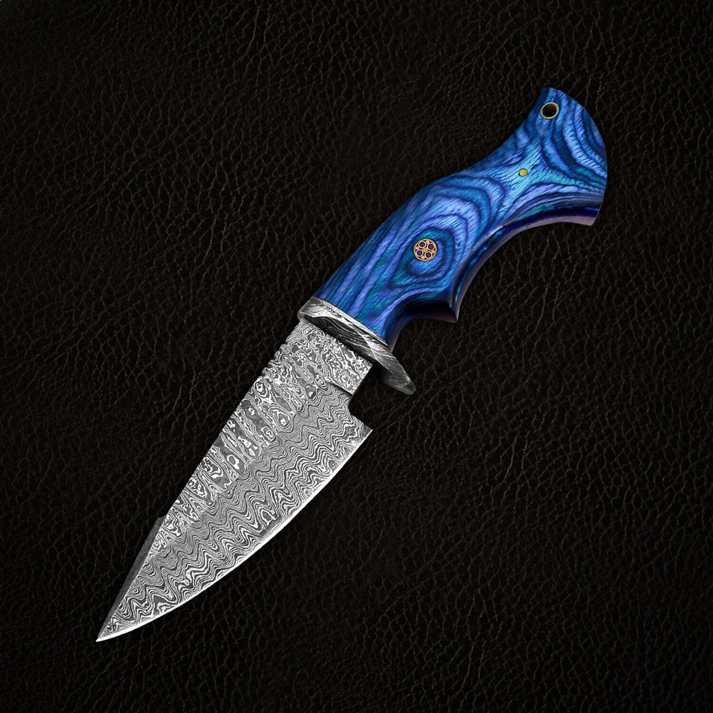 Premium Damascus Steel Hunting Knife  10 Fixed Blade with Blue Wood Handle  Leather Sheath  Razor Sharp Drop Point