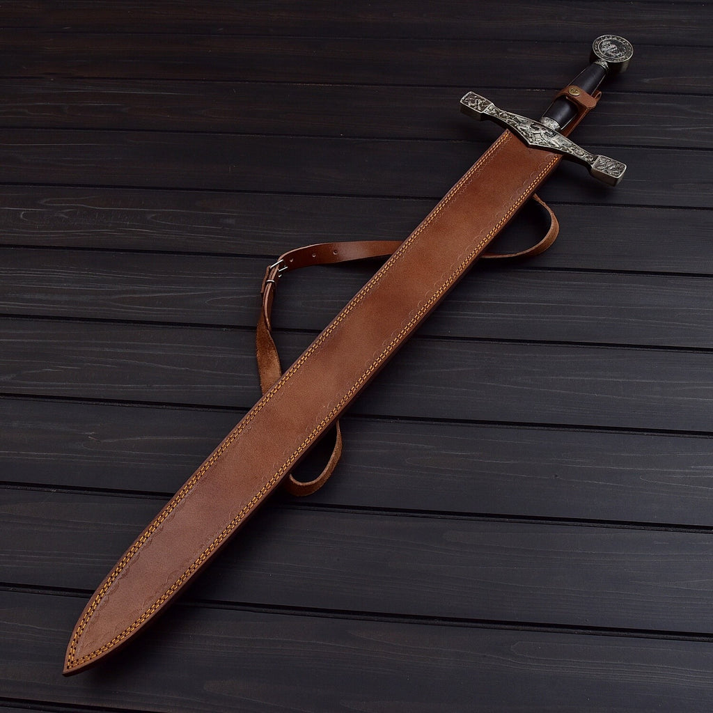 Damascus Steel Double Edged Sword  38.5 Battle Ready Medieval Replica w/ Leather Sheath  Collector’s Must Have