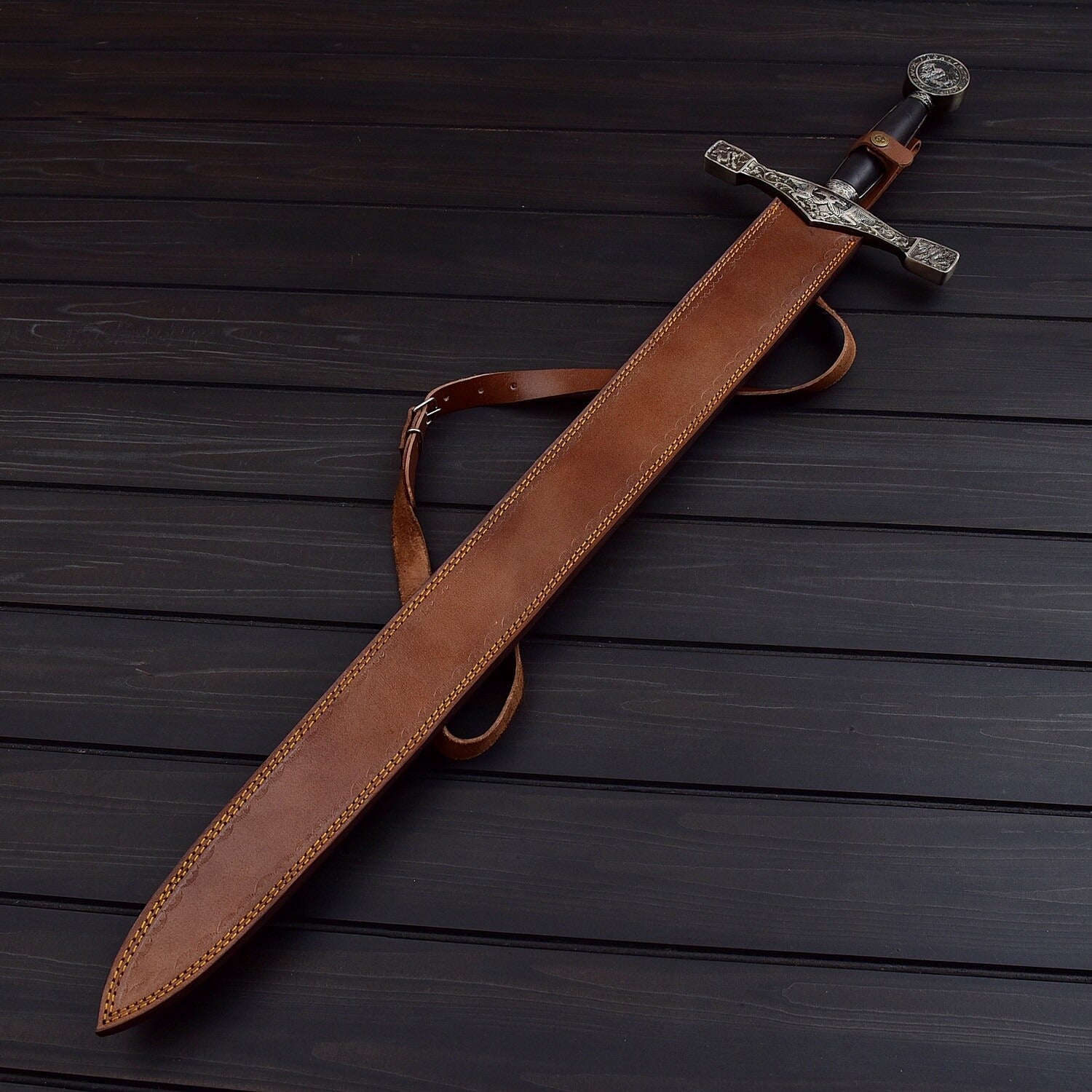 Damascus Steel Double Edged Sword  38.5 Battle Ready Medieval Replica w/ Leather Sheath  Collector’s Must Have
