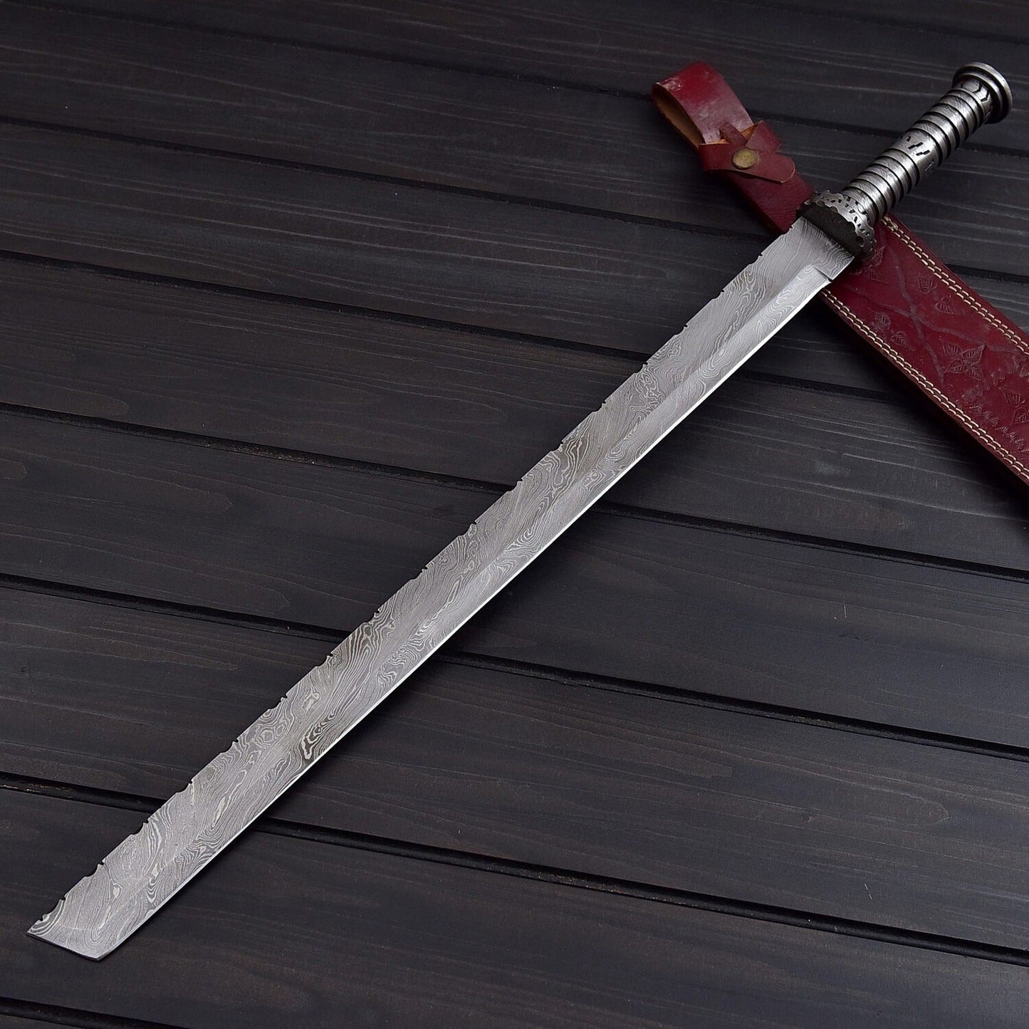 28 Handmade Damascus Steel Decorative Sword with Leather Sheath  Display Collectible