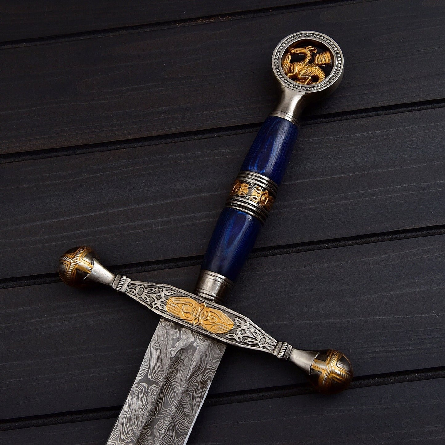 Handmade Damascus Steel Saint George Decorative Sword with Leather Sheath  40.5 Collectible Display Piece