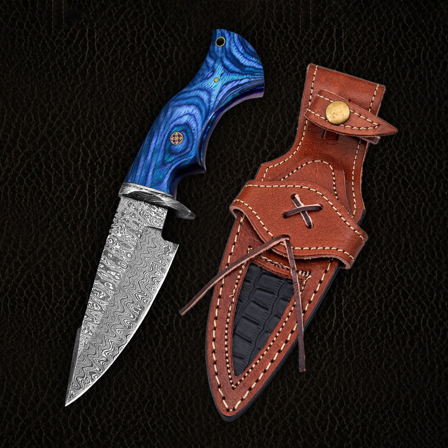 Premium Damascus Steel Hunting Knife  10 Fixed Blade with Blue Wood Handle  Leather Sheath  Razor Sharp Drop Point