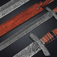 Handcrafted 19" Damascus Steel Sword  Satin Finish Fixed Blade with Leather Wood Handle & Leather Sheath