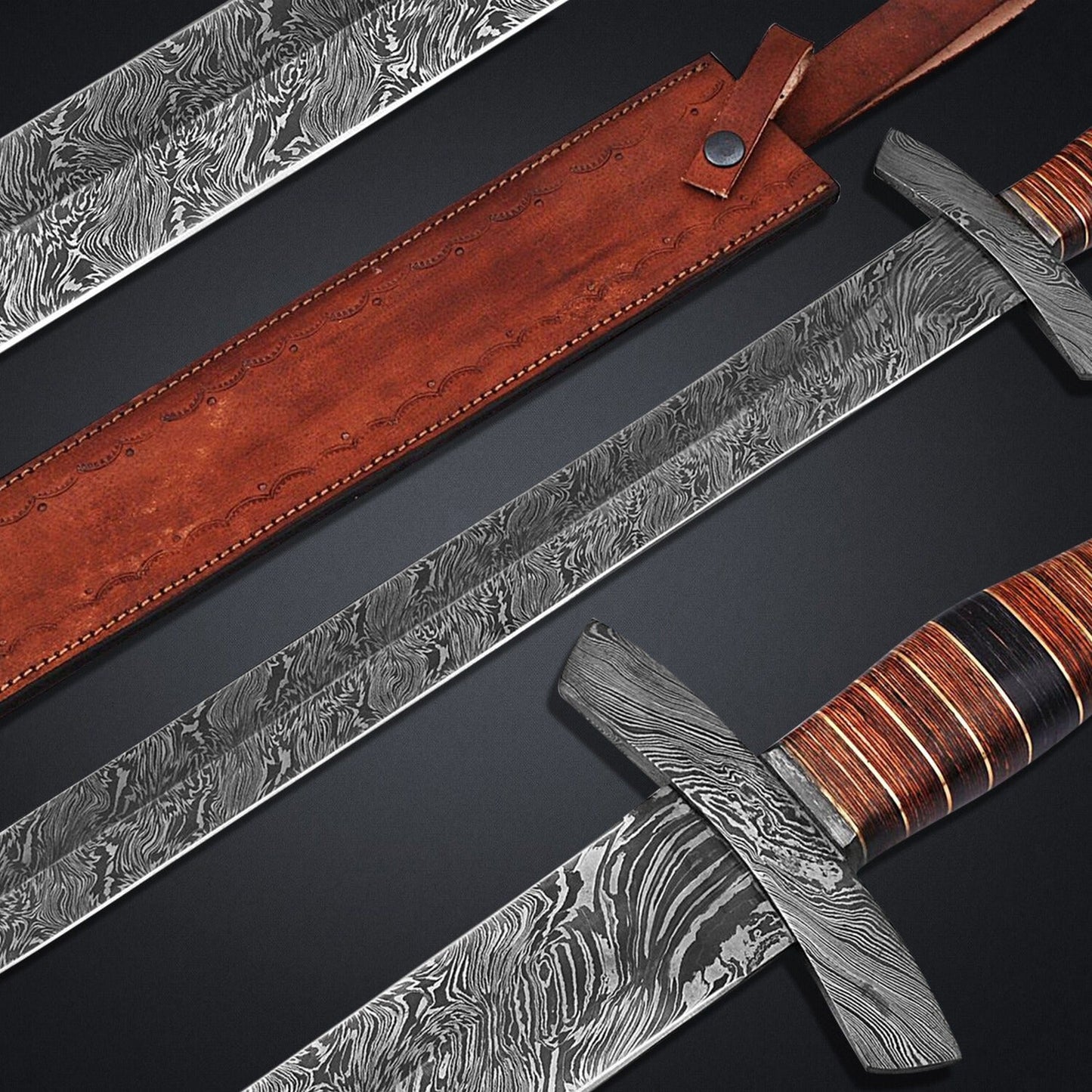 Handcrafted 19" Damascus Steel Sword  Satin Finish Fixed Blade with Leather Wood Handle & Leather Sheath