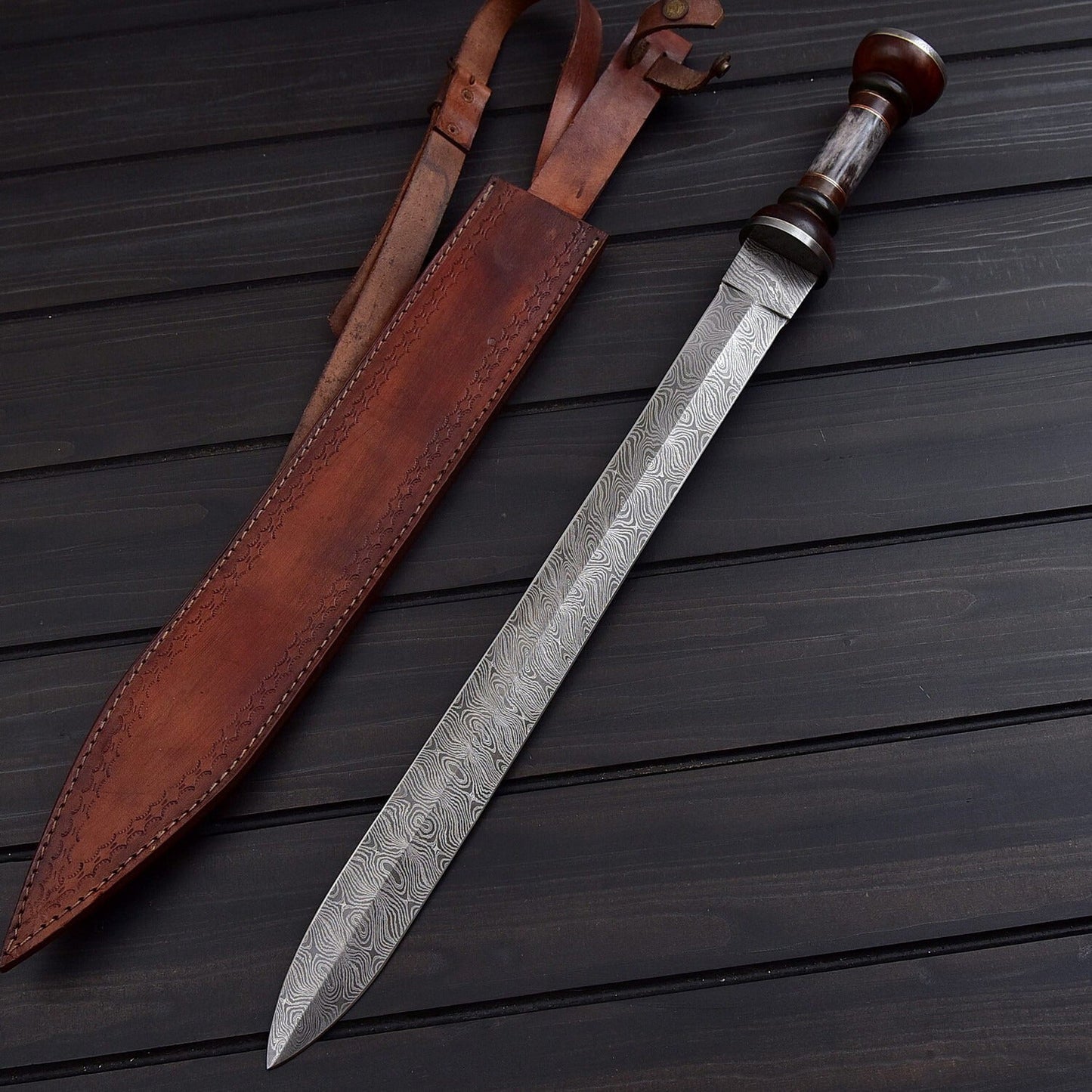 Handcrafted Damascus Steel Fixed Blade Knife  19 Double Edge Walnut & Dyed Bone Handle Leather Sheath Included