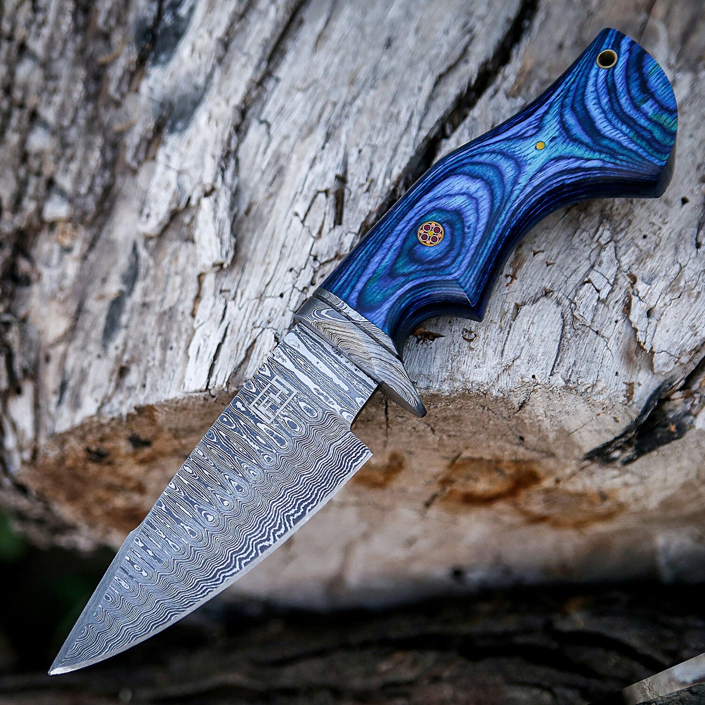 Premium Damascus Steel Hunting Knife  10 Fixed Blade with Blue Wood Handle  Leather Sheath  Razor Sharp Drop Point