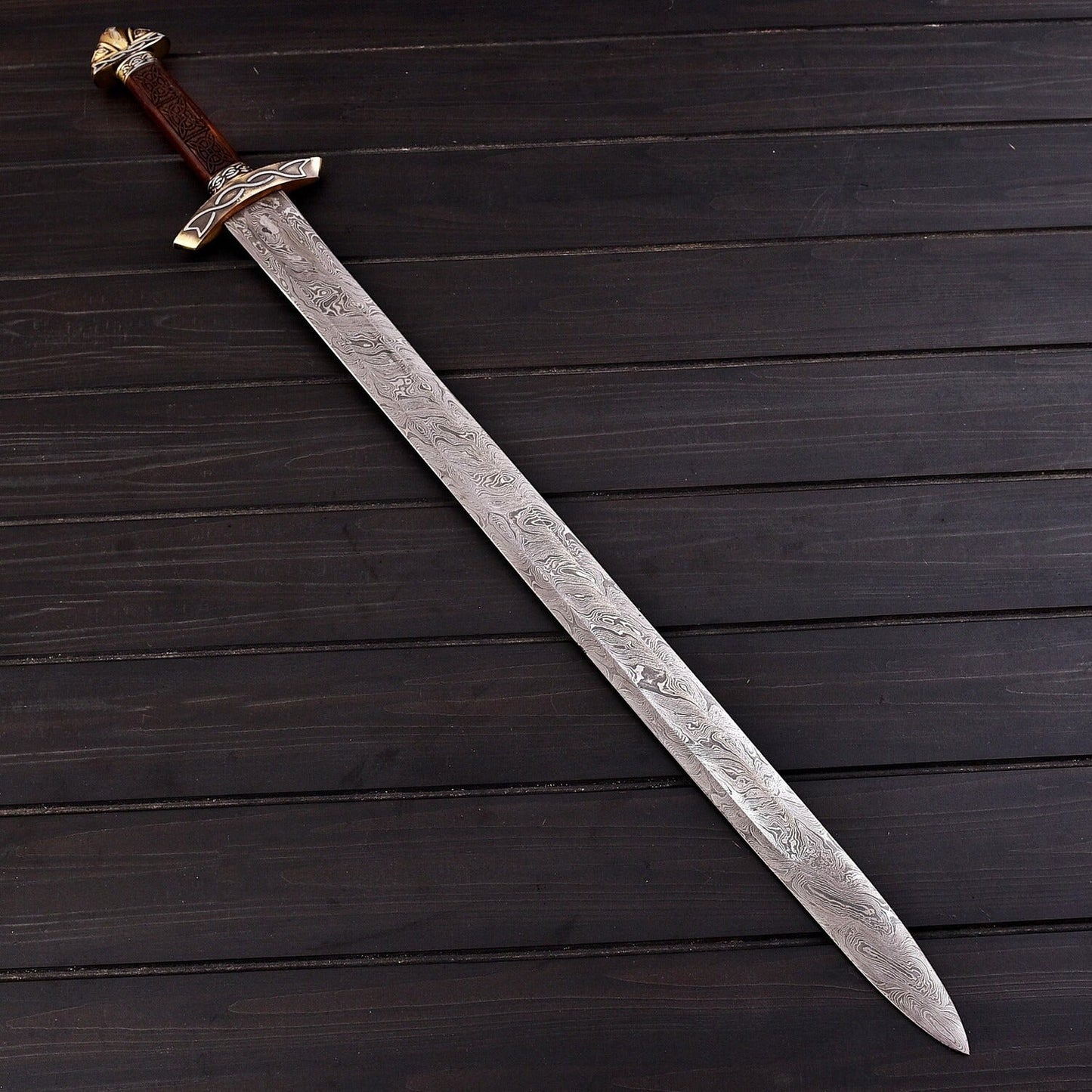 Handcrafted Damascus Steel Double Edge Sword 38  Rosewood Handle Engraved Zinc Guard 1095/15N20 High Carbon Steel