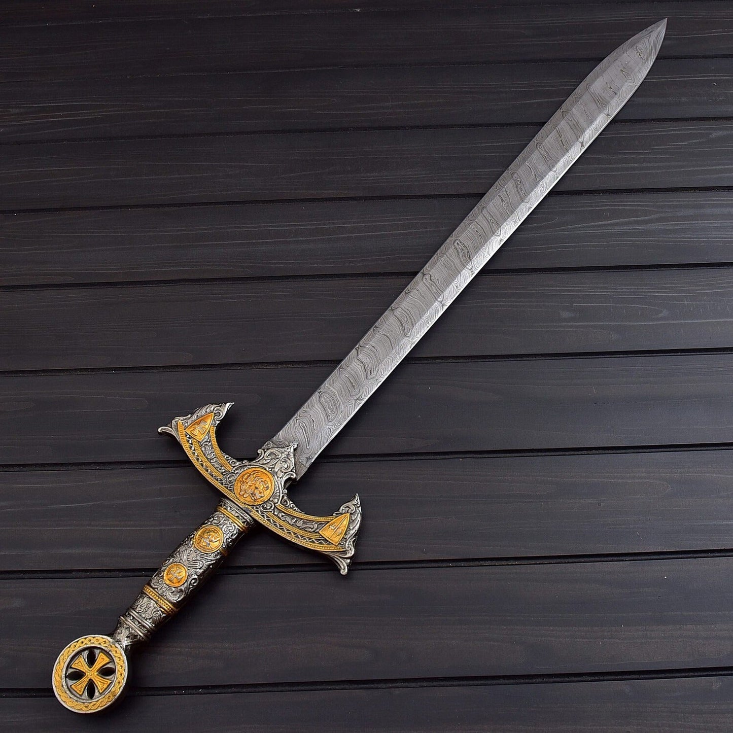 Handcrafted Damascus Steel Double Edge Sword  40  Overall Length  Leather Sheath with Shoulder Strap  Collector Display Piece
