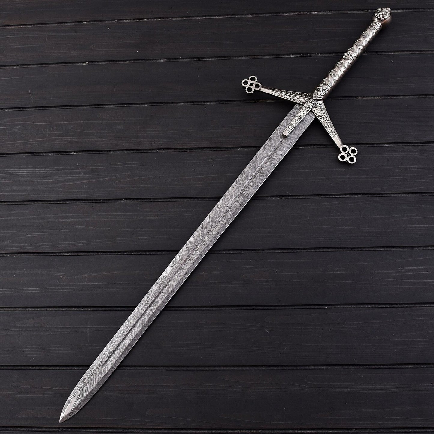 39" Scottish Claymore Sword with Damascus Steel Blade  Double Edge with Leather Sheath