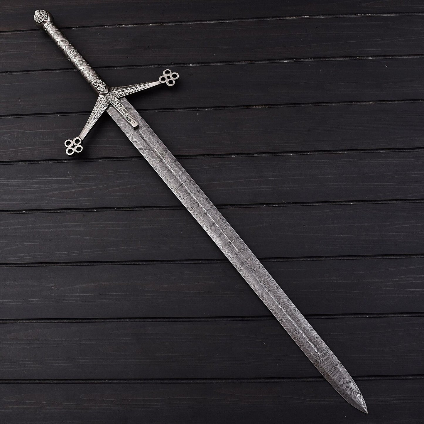 39" Scottish Claymore Sword with Damascus Steel Blade  Double Edge with Leather Sheath