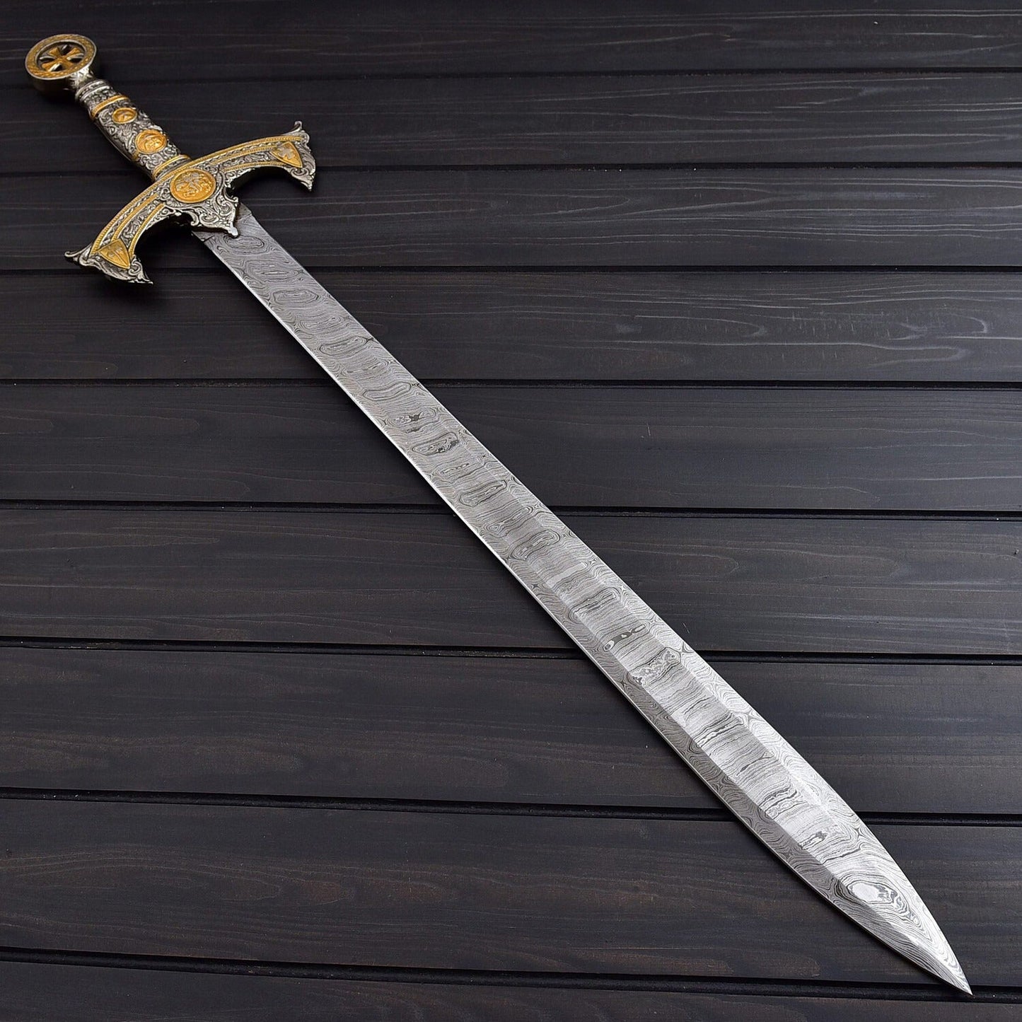 Handcrafted Damascus Steel Double Edge Sword  40  Overall Length  Leather Sheath with Shoulder Strap  Collector Display Piece