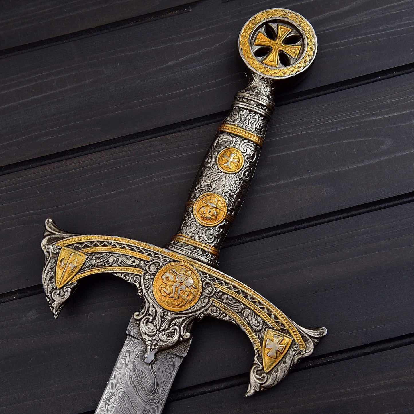 Handcrafted Damascus Steel Double Edge Sword  40  Overall Length  Leather Sheath with Shoulder Strap  Collector Display Piece