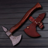 Handcrafted Damascus Steel Axe  Rosewood Grip & Leather Sheath