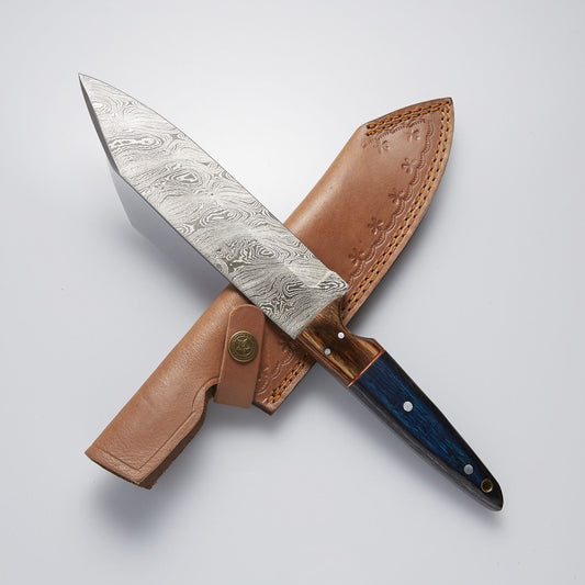 12" Damascus Steel Chef’s Knife with Colorful Handle & Brass Accents – Leather Sheath Included