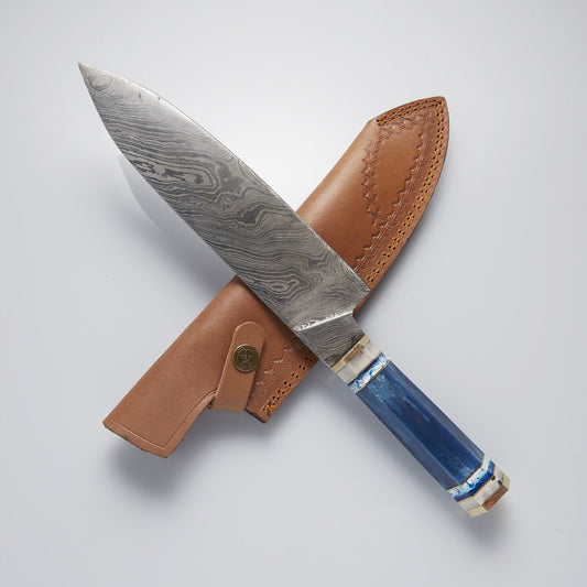 13.5" Damascus Steel Chef’s Knife with Colorful Raisin Handle & Brass Accents – Leather Sheath Included