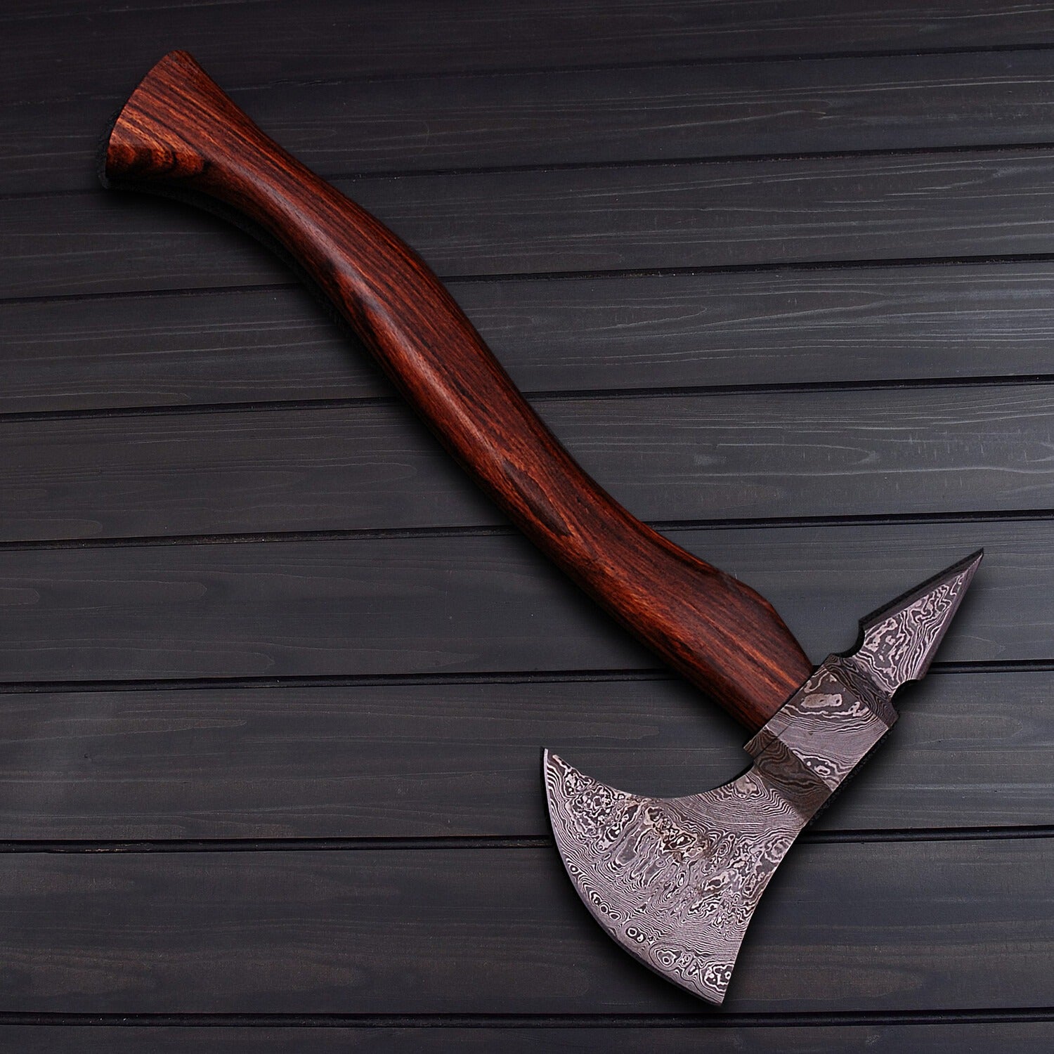 Handcrafted Damascus Steel Axe  Rosewood Grip & Leather Sheath