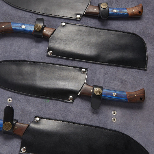 Damascus Chef Knife Set of 5 with Blue Handle & Mosaic Pin – 240+ Layer Steel Blades & Leather Sheaths
