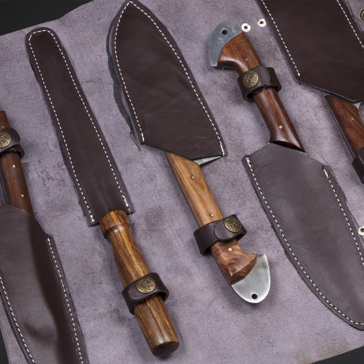 Premium Damascus Chef Knife Set – 5-Piece Rosewood Kitchen Knives with Sharpener & Leather Case | Professional High-Carbon Steel USA