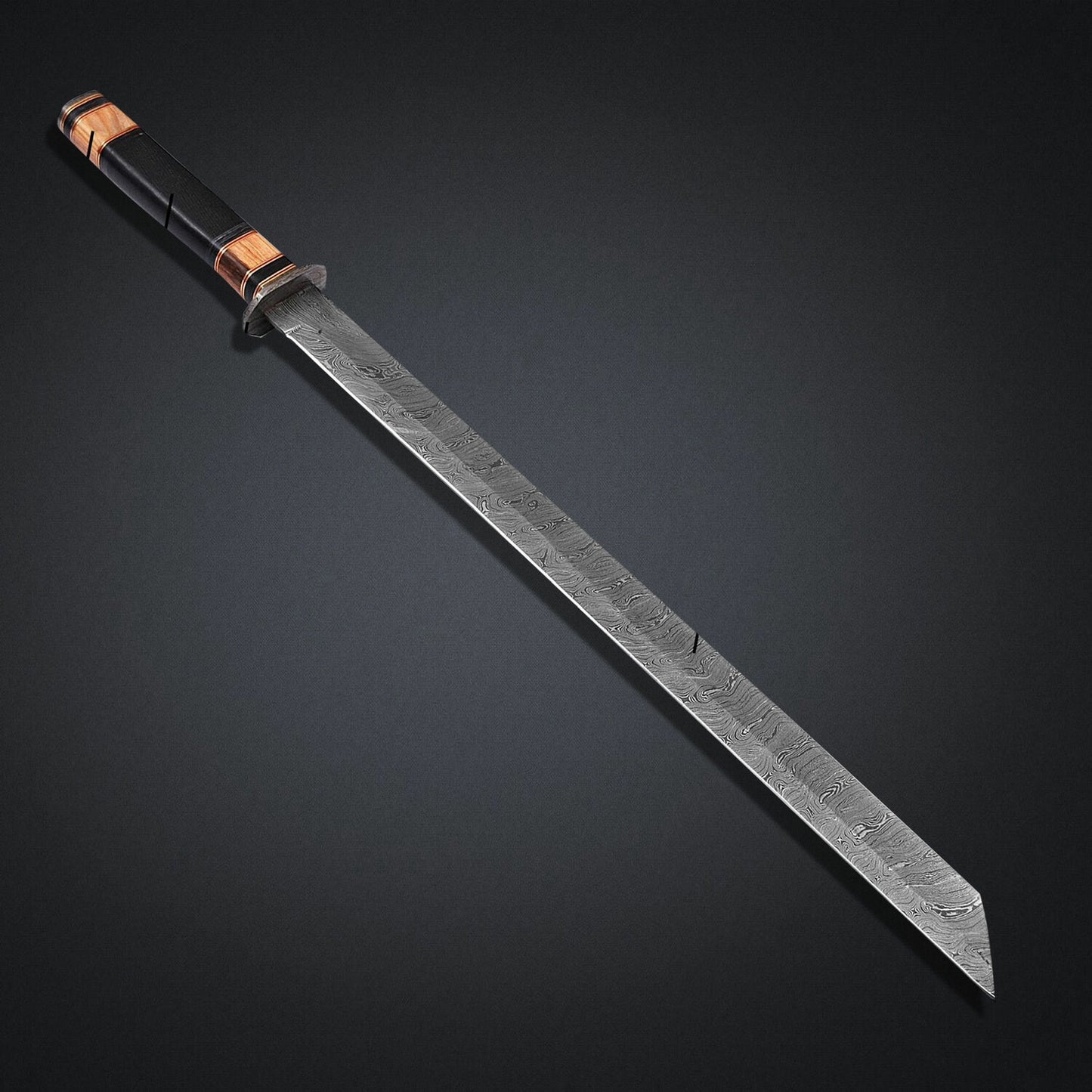 Damascus Steel Tanto-Inspired Collector’s Sword with Buffalo Horn & Olive Wood Handle  29.5" Overall Length
