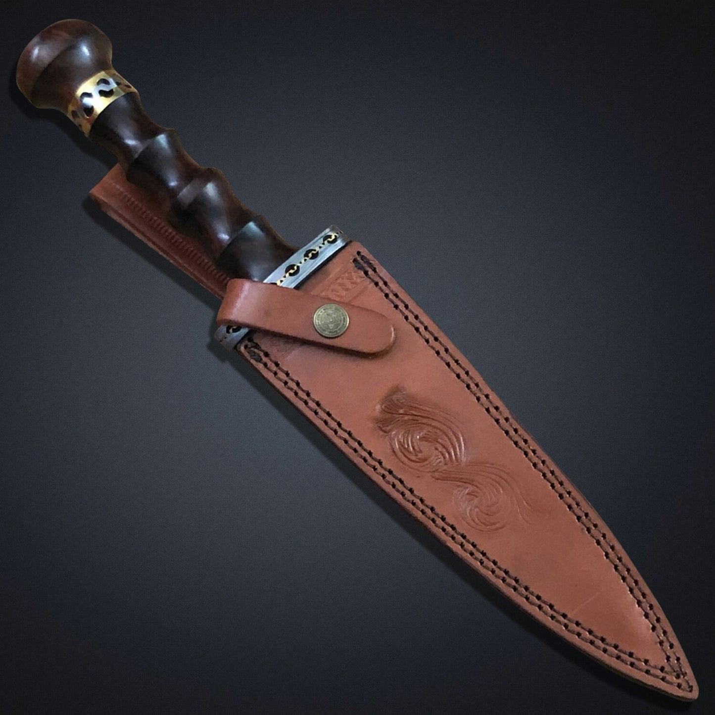 Damascus Steel Fixed-Blade Collector’s Dagger with Walnut Wood Handle 14" Overall Length