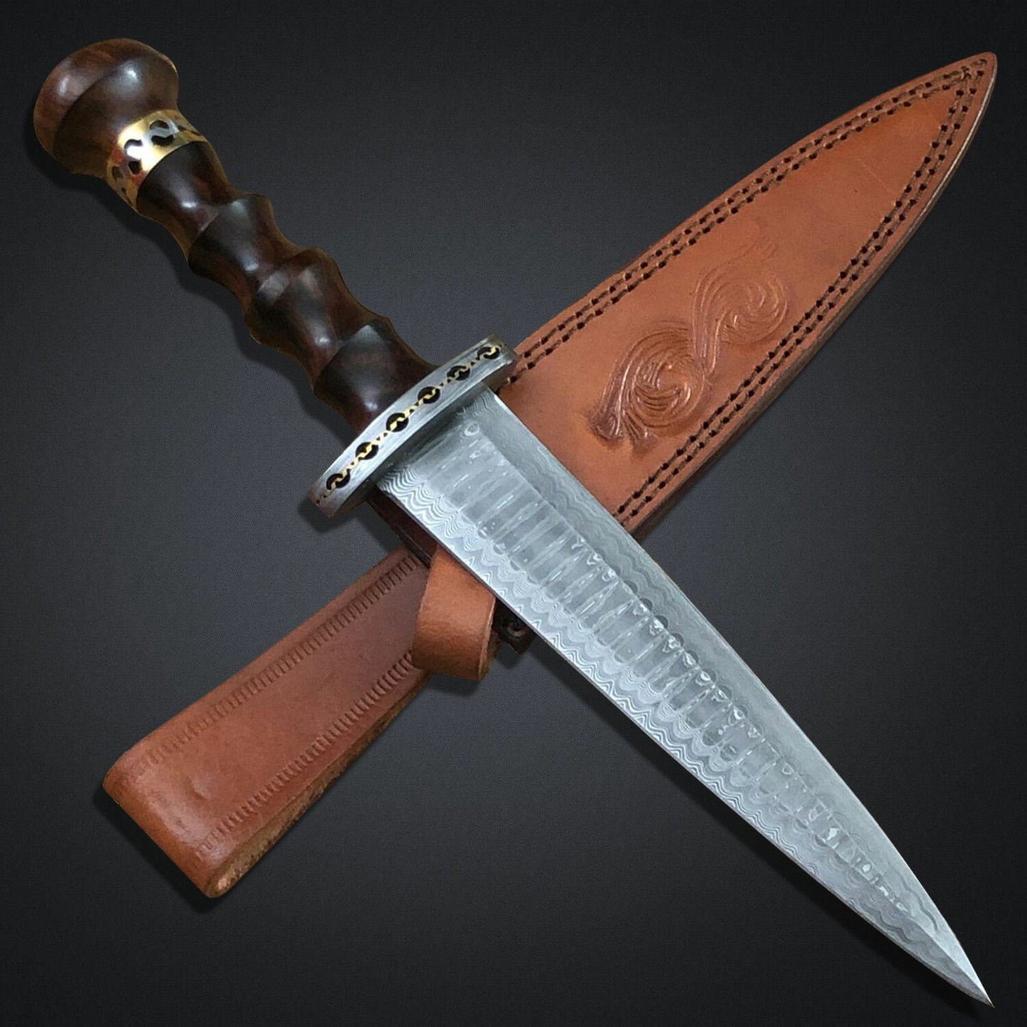 Damascus Steel Fixed-Blade Collector’s Dagger with Walnut Wood Handle 14" Overall Length