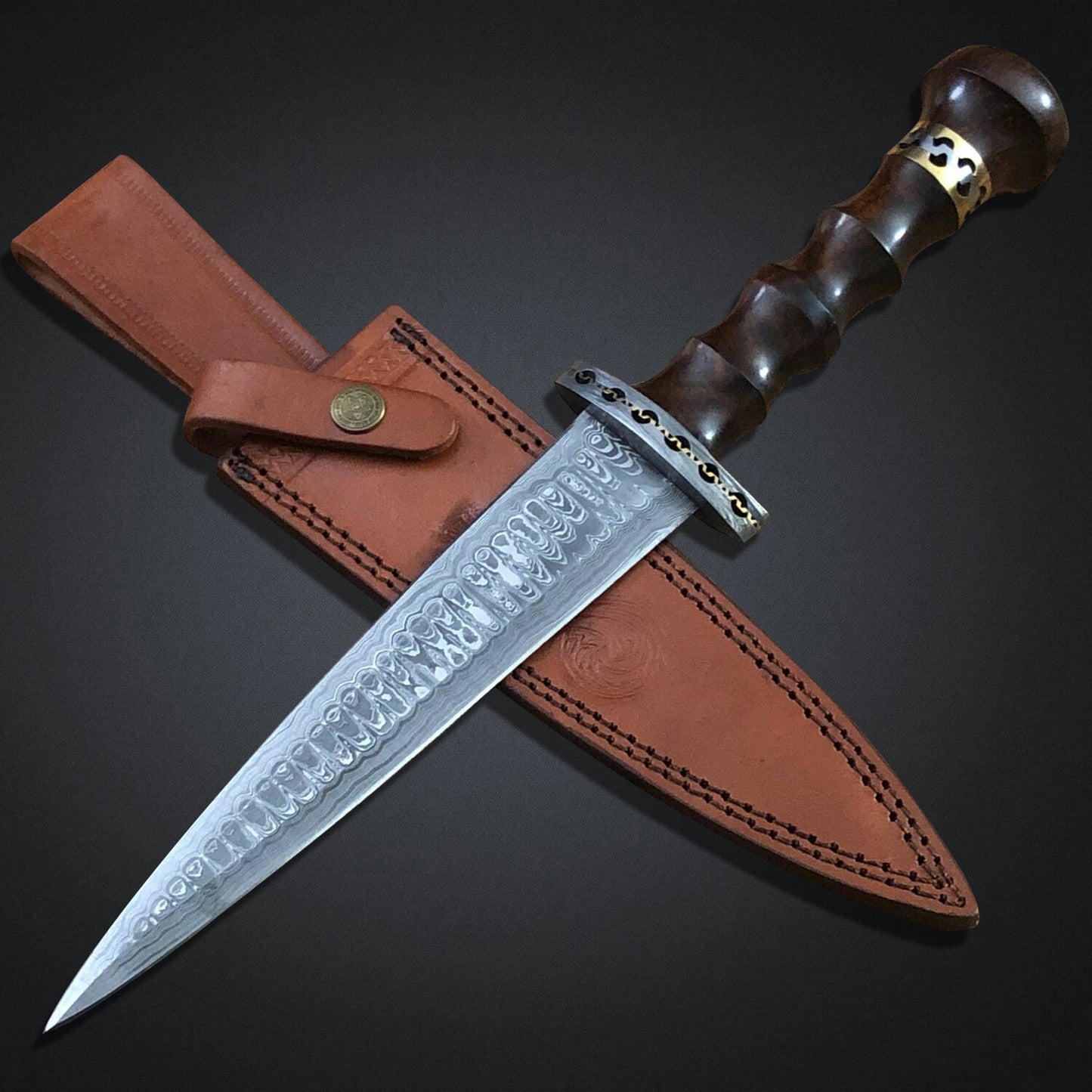 Damascus Steel Fixed-Blade Collector’s Dagger with Walnut Wood Handle 14" Overall Length