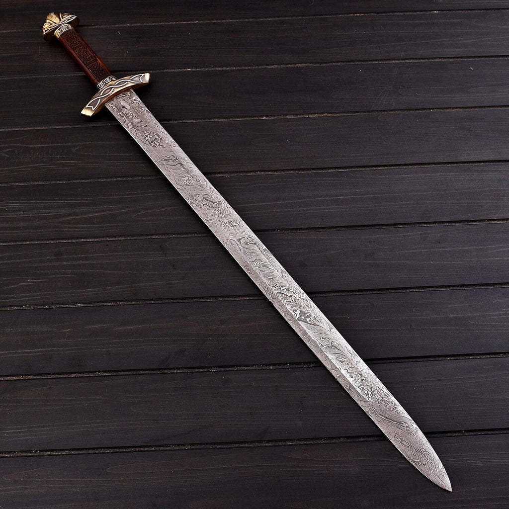 HandForged Damascus Steel Sword  30 Double Edged Battle Ready Blade with Rosewood Handle & Wood Sheath