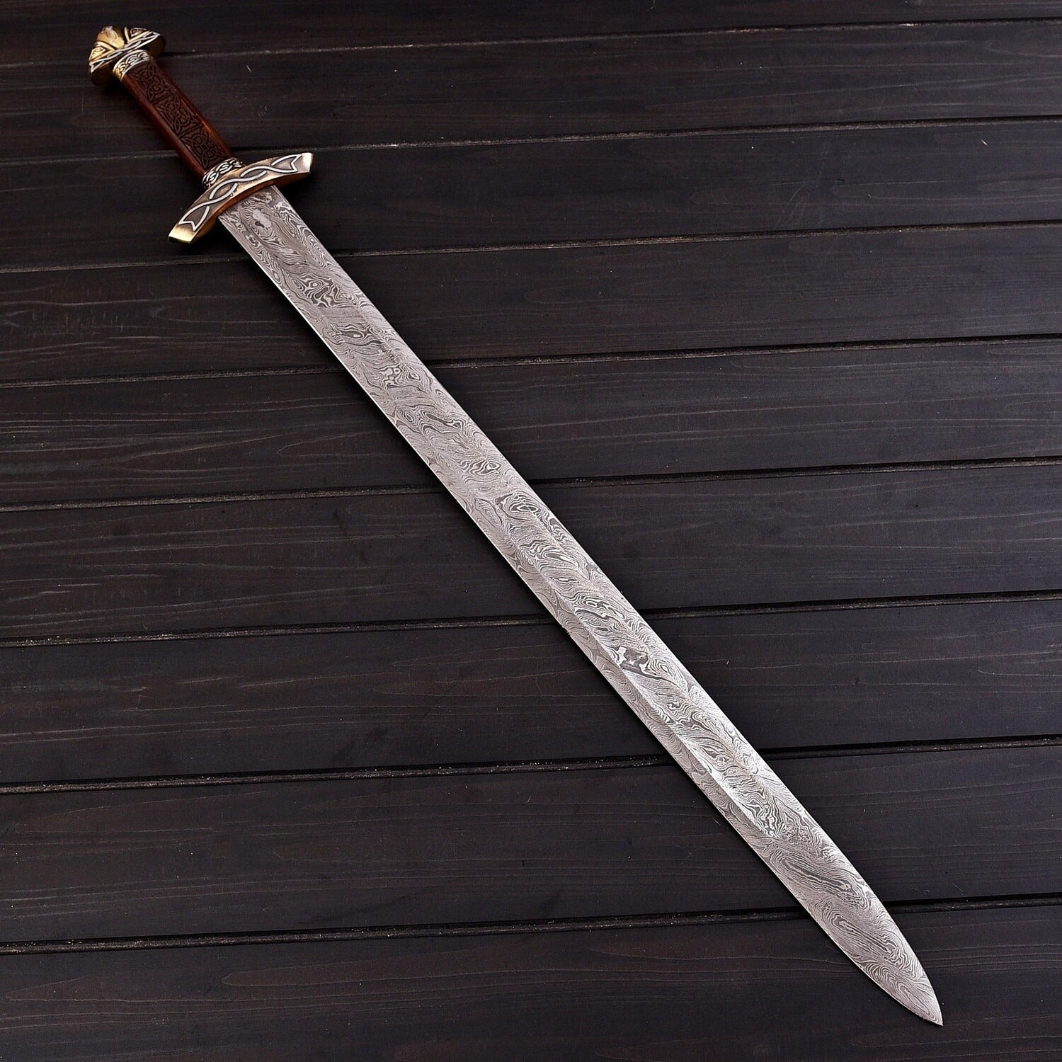 HandForged Damascus Steel Sword  30 Double Edged Battle Ready Blade with Rosewood Handle & Wood Sheath