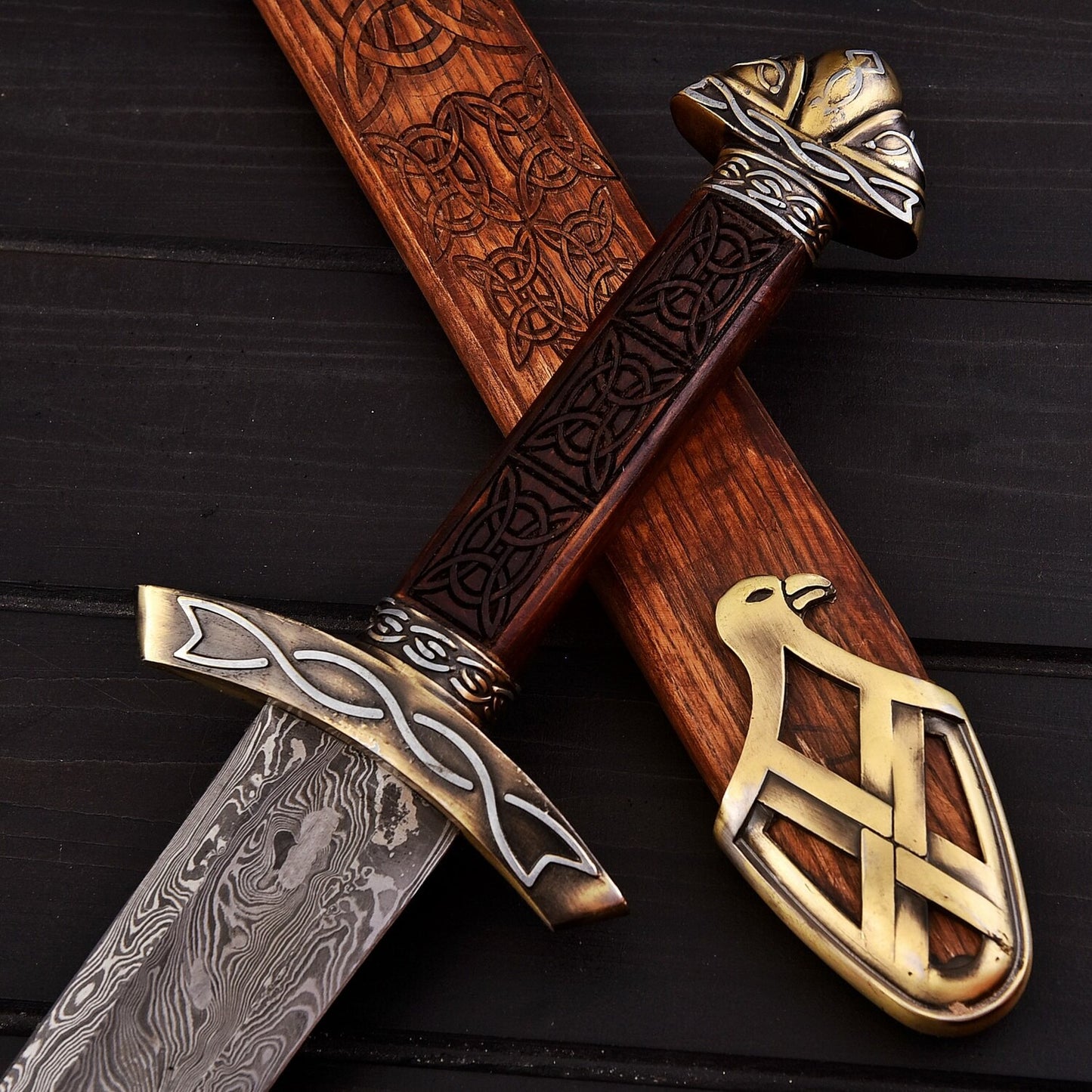 HandForged Damascus Steel Sword  30 Double Edged Battle Ready Blade with Rosewood Handle & Wood Sheath