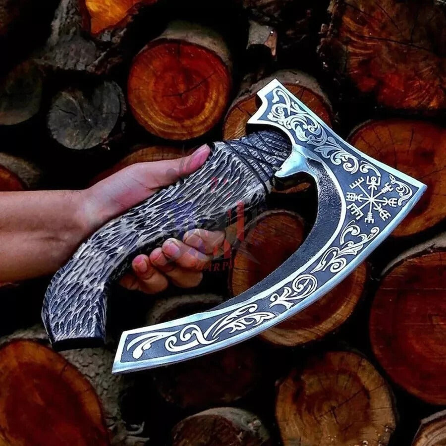12" Handmade Viking Style Pizza Cutter Axe with Ash Wood Handle – Stainless Steel Blade & Leather Sheath