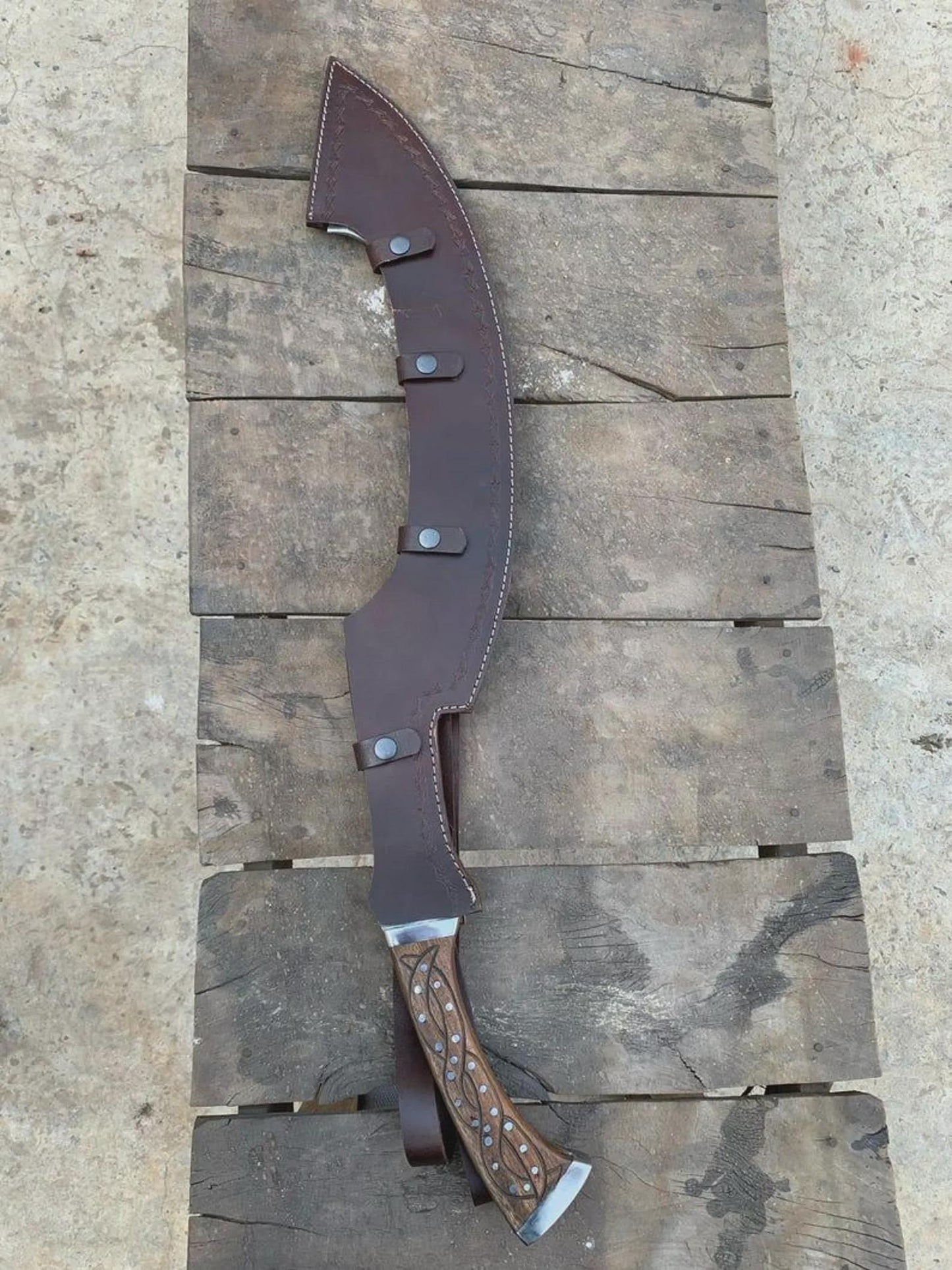 26" Hand-Forged Khopesh Style Carbon Steel Machete with Rosewood Handle  Leather Sheath Included