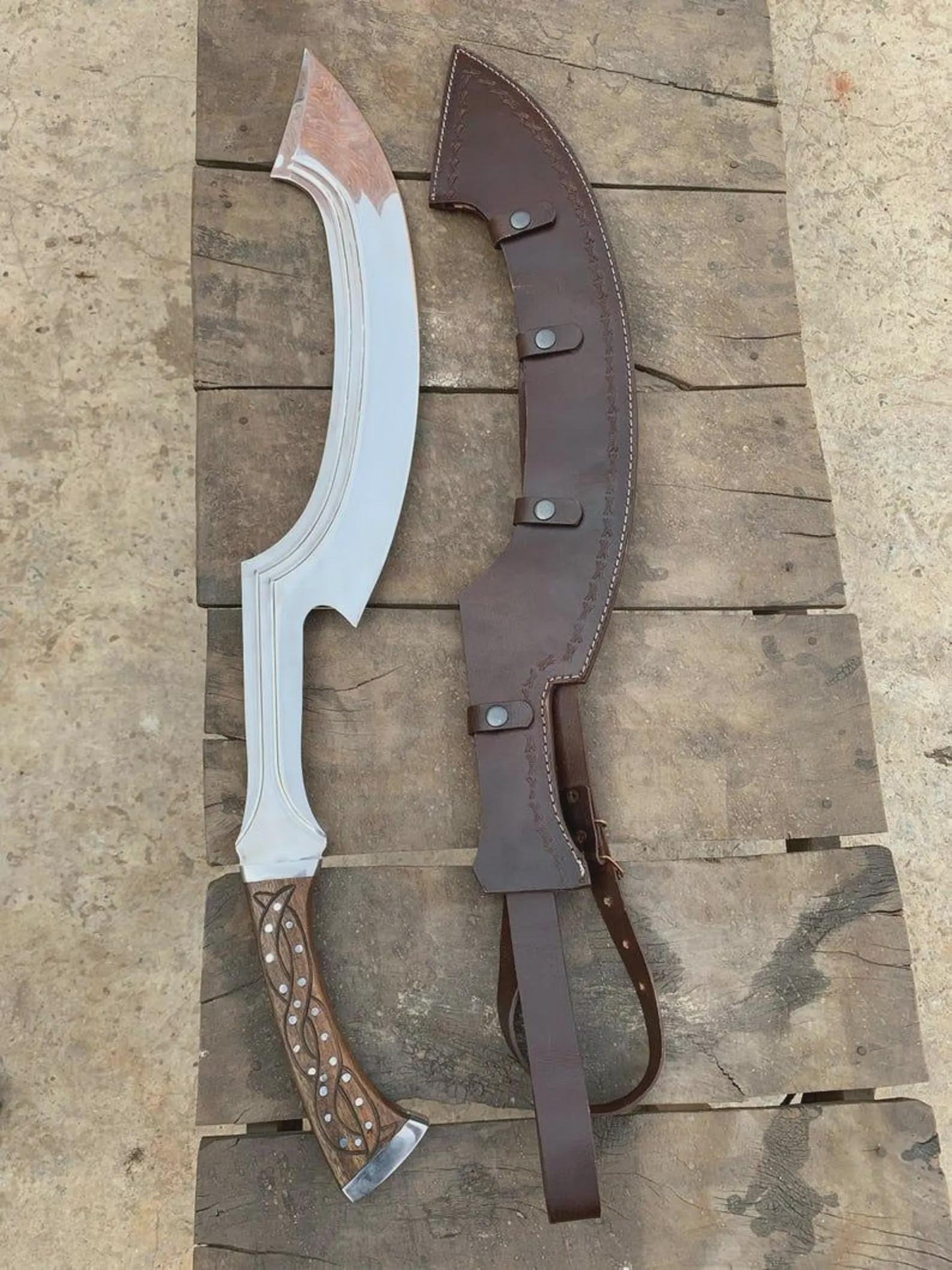 26" Hand-Forged Khopesh Style Carbon Steel Machete with Rosewood Handle  Leather Sheath Included